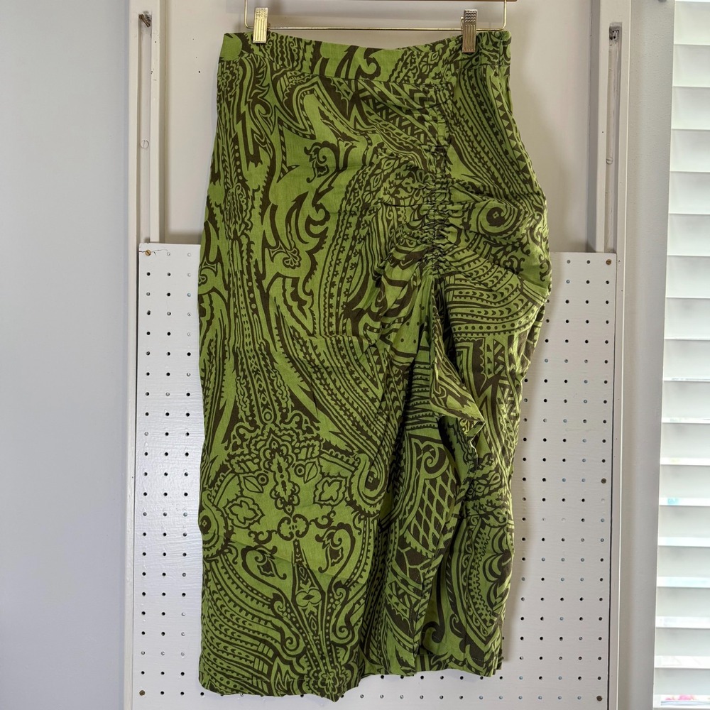 Trixi Schober Pencil Skirt Women's Size 8 Green Paisley Linen‎ Ruched Party